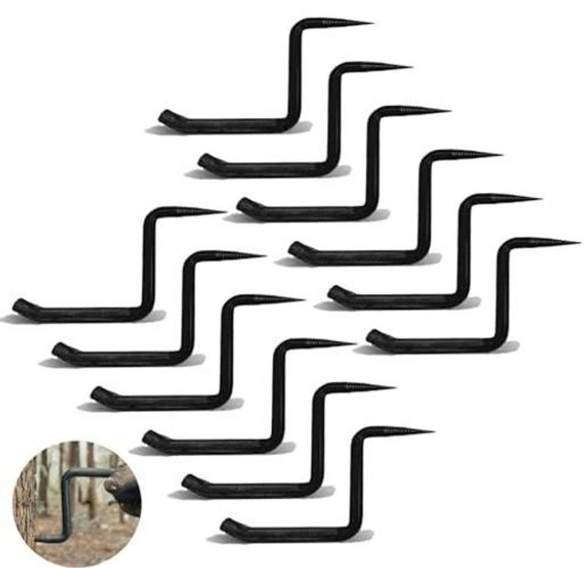 Set of black screw-in tree climbing steps with pointed tips and curved footholds