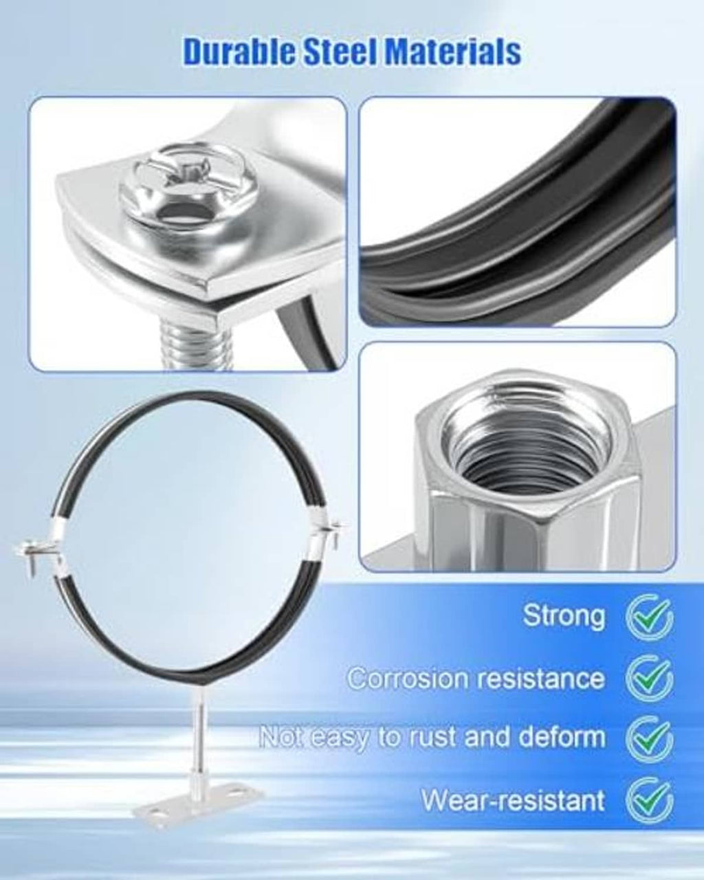 Durable steel split-ring pipe hanger with black support ring and hex-head mounting bolt