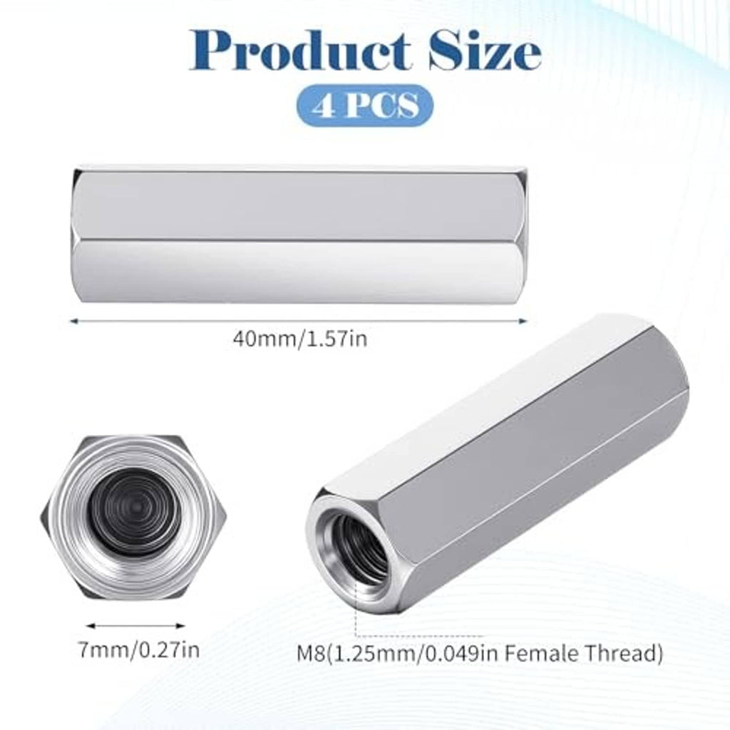 Hex coupling nuts, silver metal, single nut and 4-pack size shown