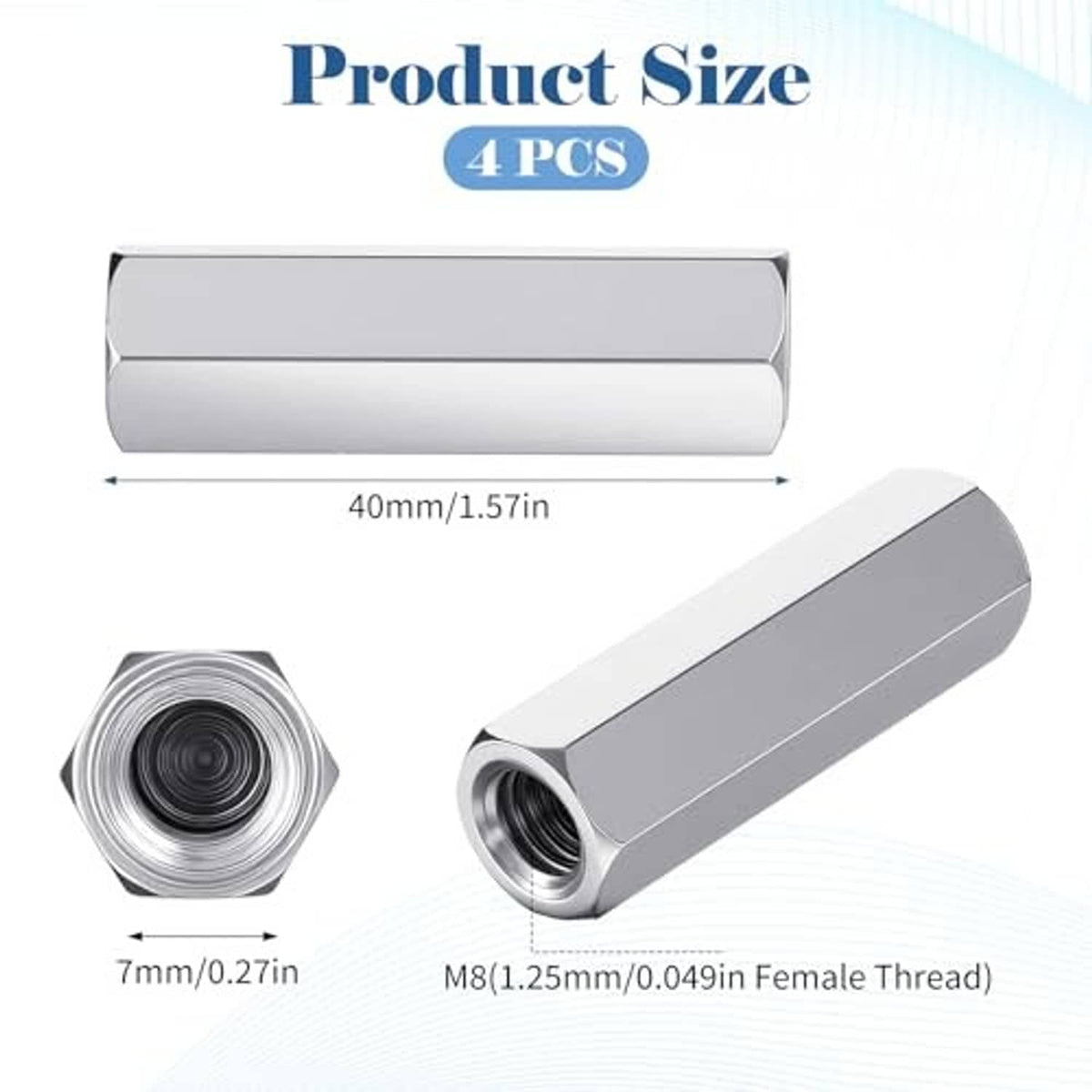 Hex coupling nuts, silver metal, single nut and 4-pack size shown