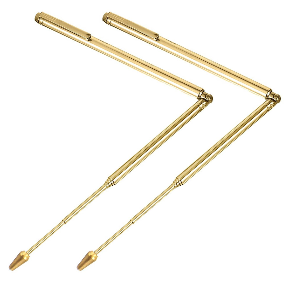 Set of two retractable brass dowsing rods with pen-style ends, hinged L-shape