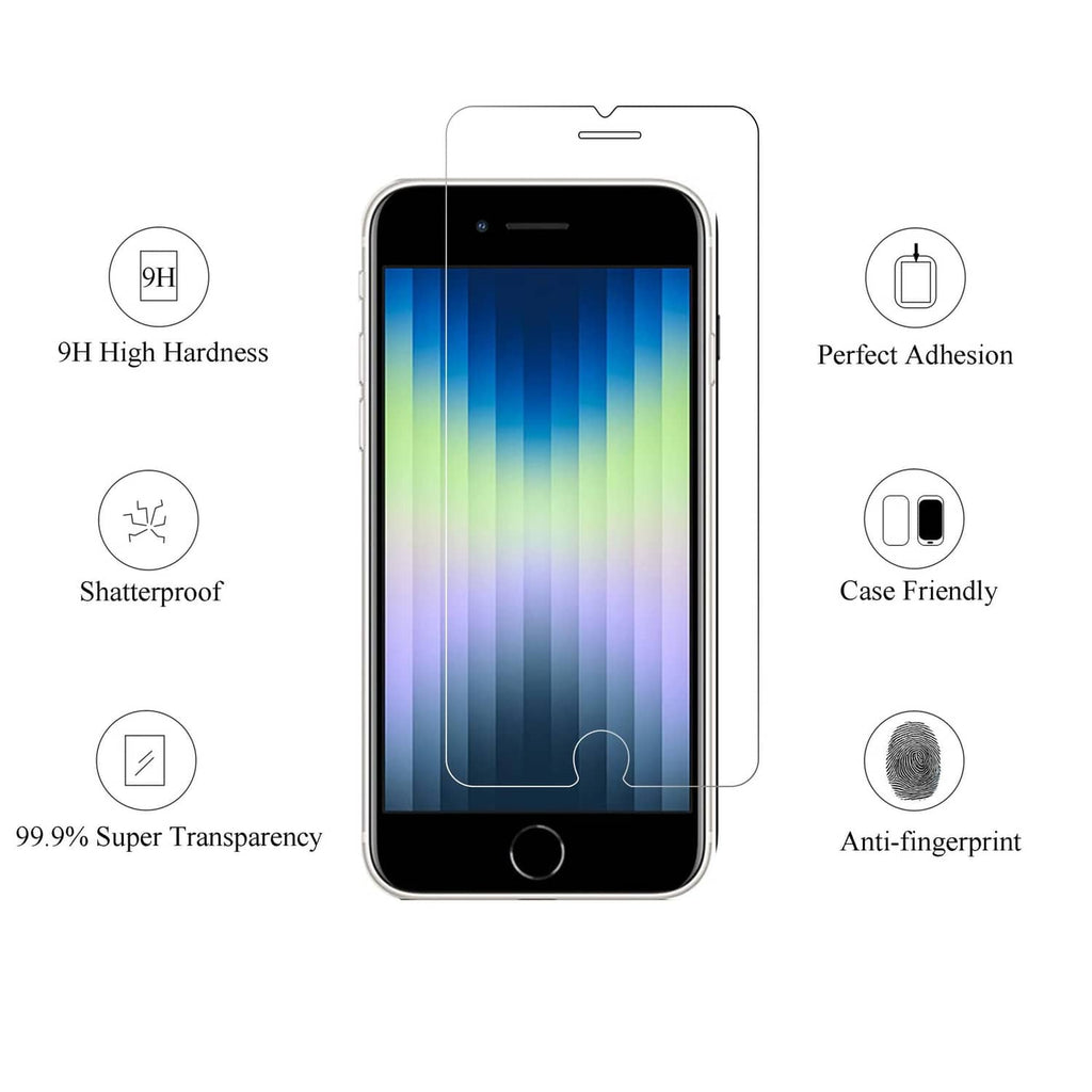 Tempered glass screen protector fitted on black iPhone SE display