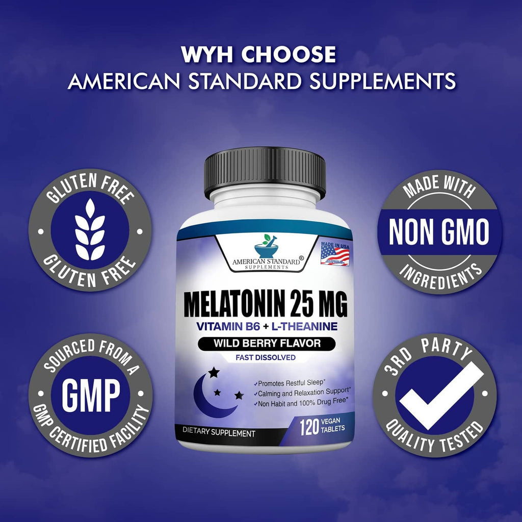 Melatonin 25 mg supplement bottle with gluten free, non-GMO, GMP certified badges