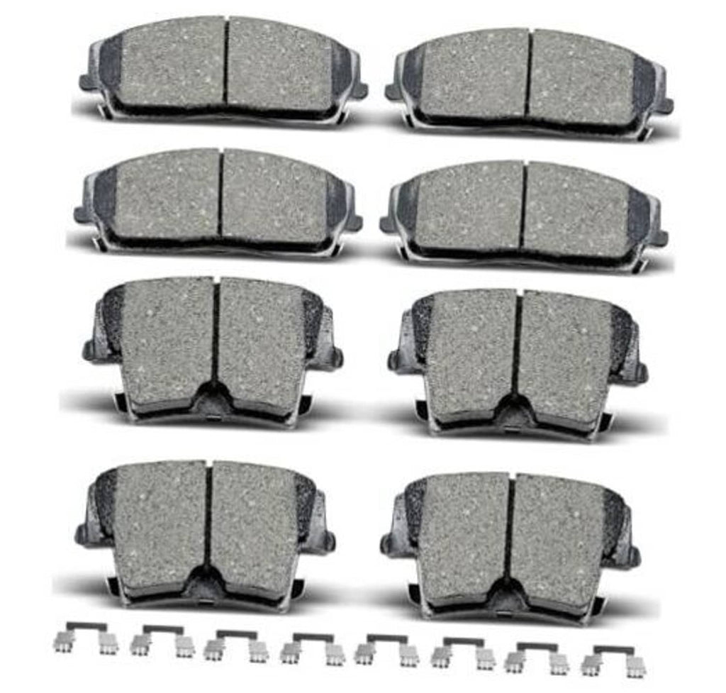 Ceramic brake pad set with clips, multiple front and rear pads shown in gray