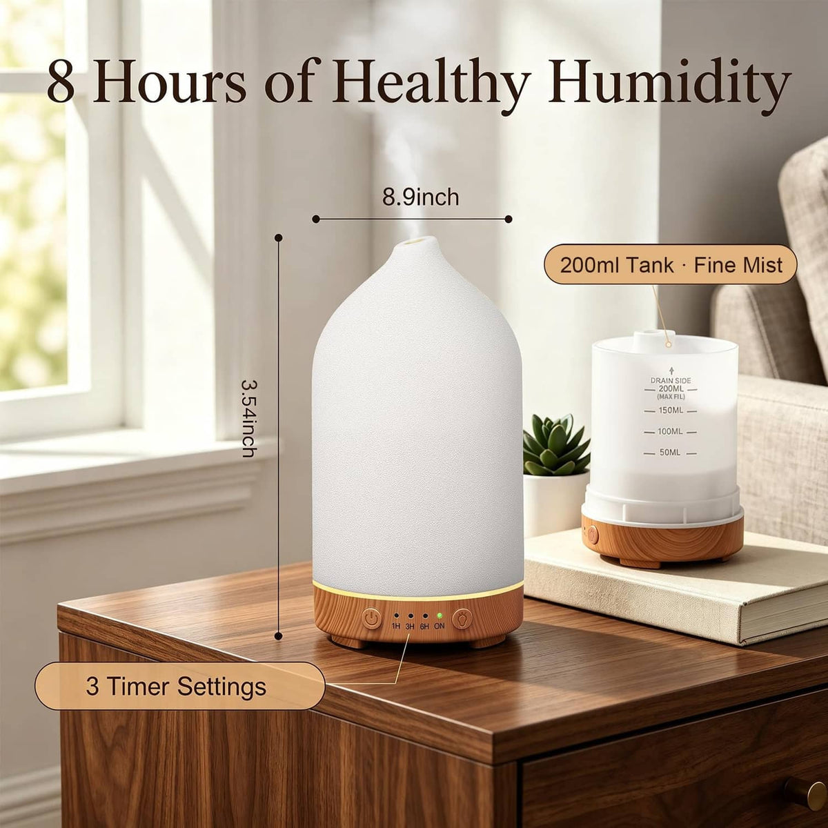 Ceramic essential oil diffuser, matte white body, wood base, 200ml tank