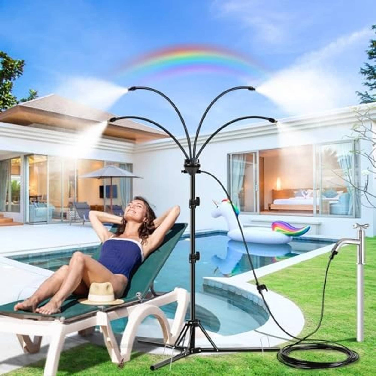 Black outdoor misting stand with curved spray arms and coiled hose at base