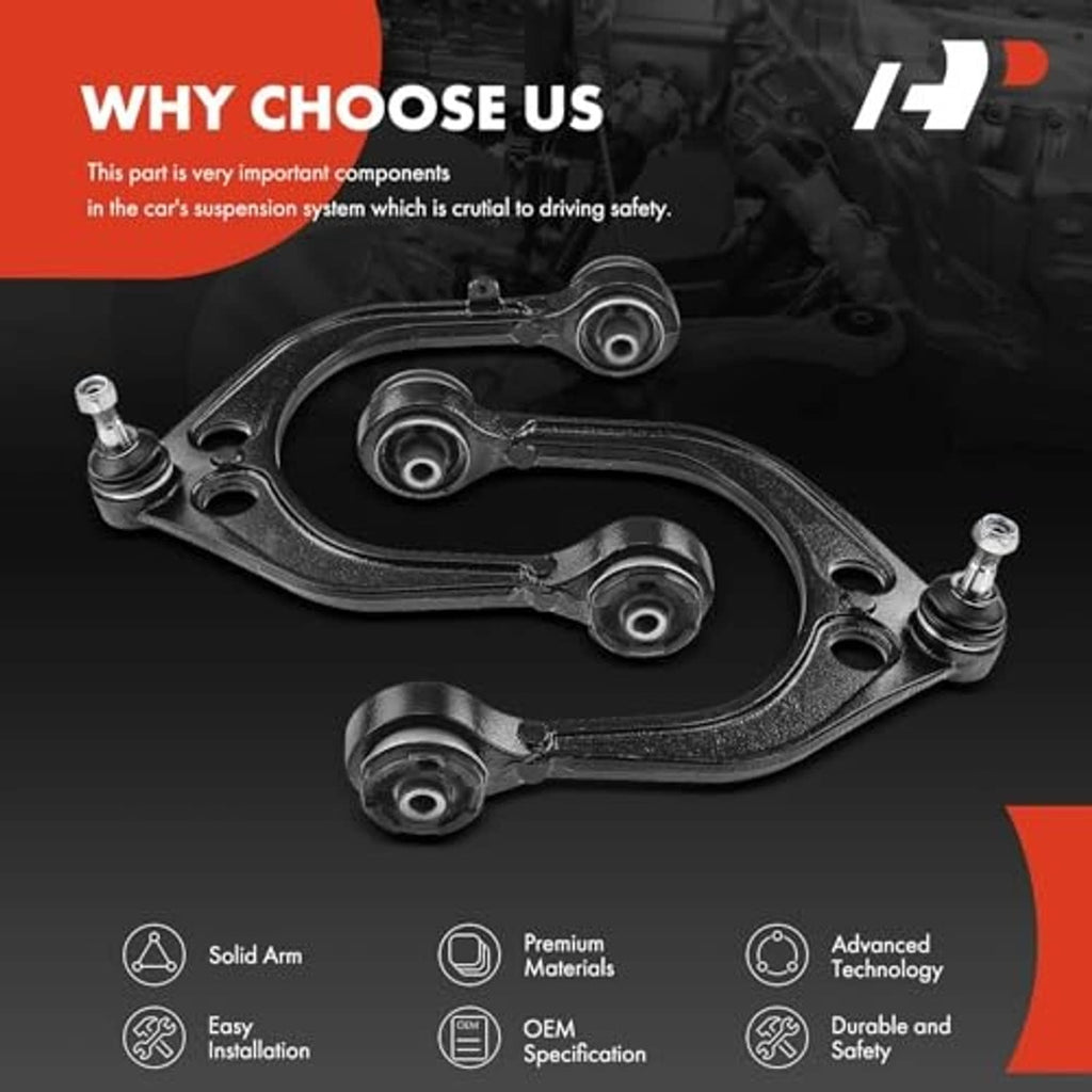Front upper control arm set with ball joints and bushings, black steel A-arms