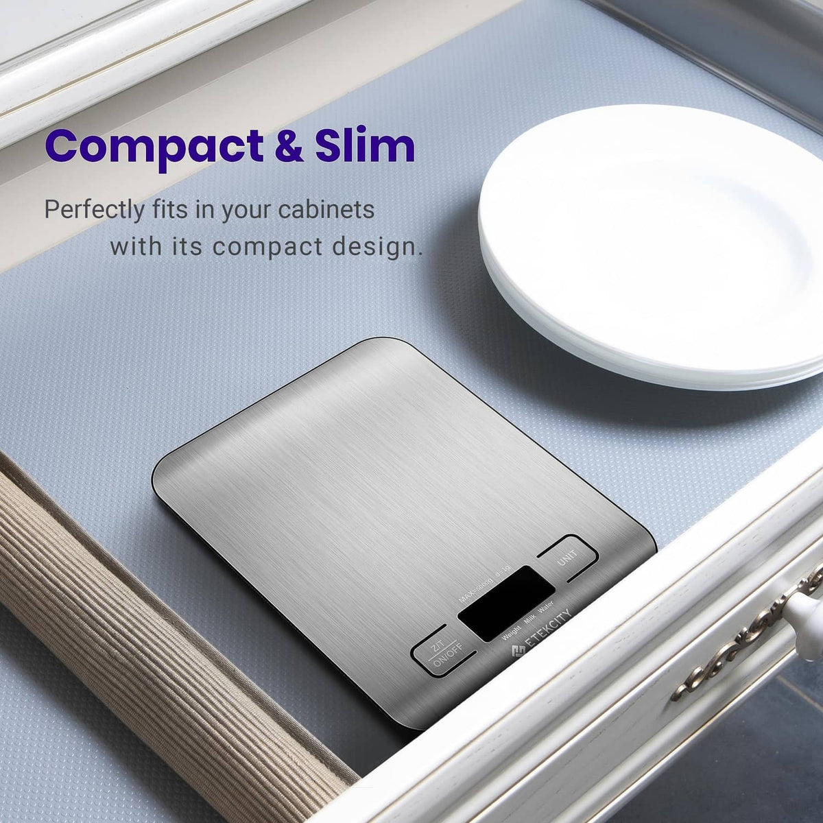 Compact digital kitchen scale with LCD display tucked in a kitchen drawer