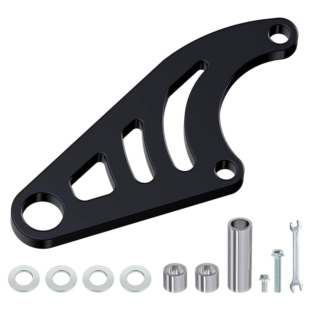 Black hydraulic mini bike brake bracket with mounting holes and small hardware pieces