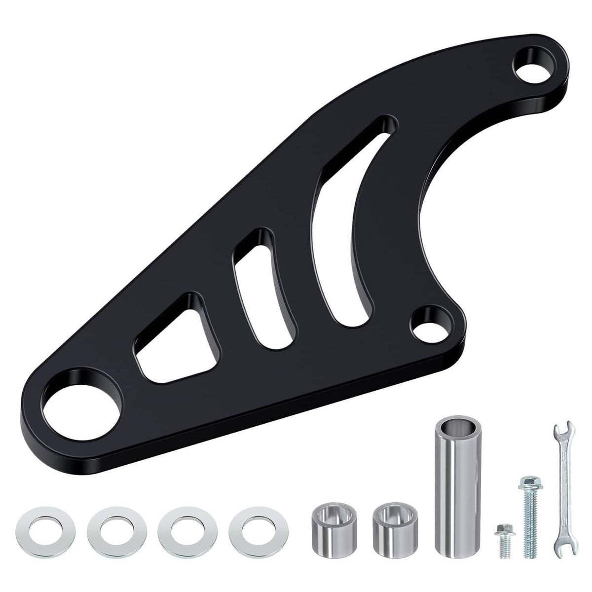 Black hydraulic mini bike brake bracket with mounting holes and small hardware pieces