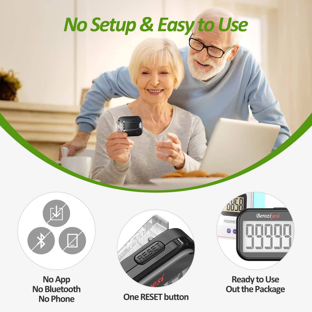 Black pedometer step counter with large digital display, lanyard-ready design