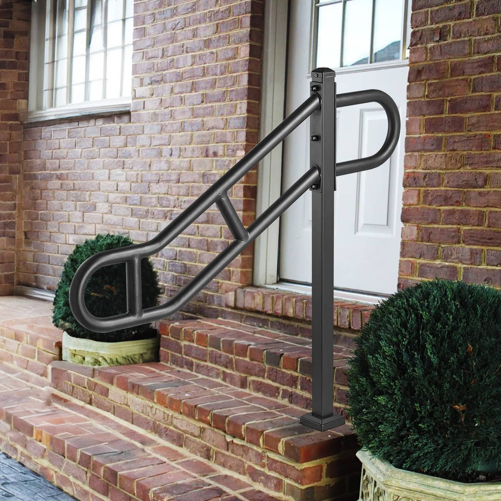 Black outdoor handrail beside brick steps with curved grip and vertical support post