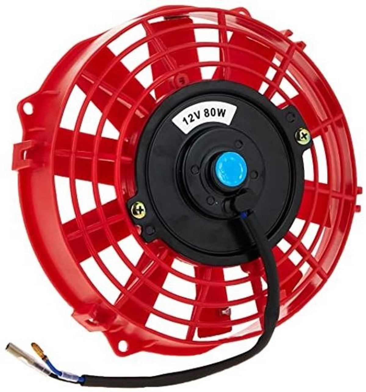Red 7-inch radiator cooling fan close-up with black motor cover and blue center