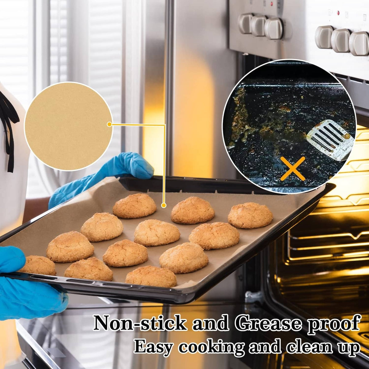 Parchment paper liner on air fryer tray with cookies, non-stick surface