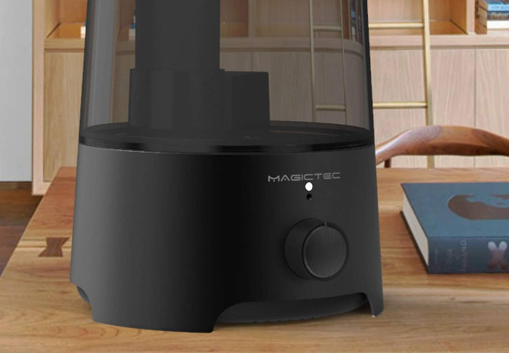 Black cool mist humidifier front corner view with circular dial control