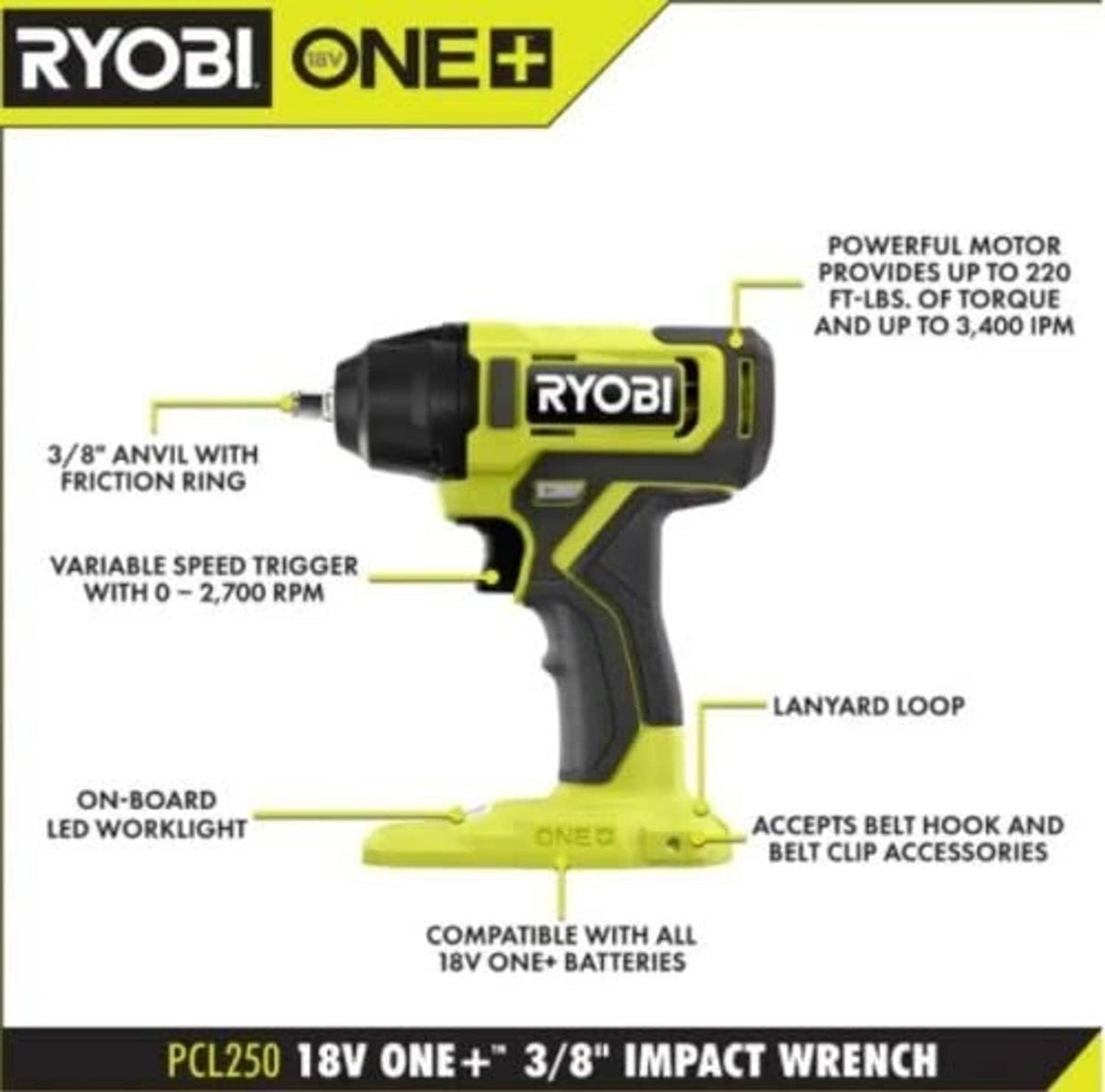 RivetOak ONEAND 18V Cordless 3/8 in. Impact Wrench Tool ONLY Green and Black