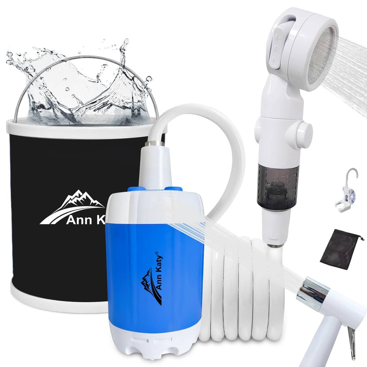 Portable shower pump kit with blue pump module, white spray head, and black bucket