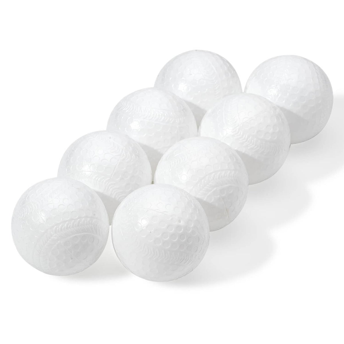 Set of 9 white plastic baseballs with raised dimple pattern
