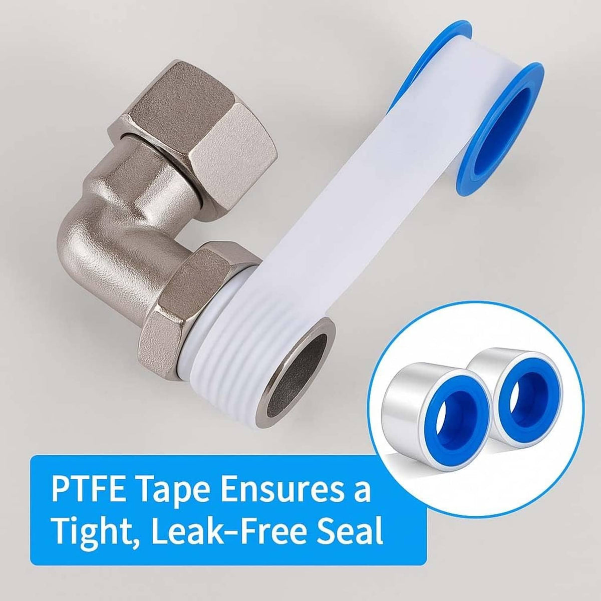 Elbow adapter with PTFE tape seal and threaded ends for leak-free fit