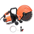 12-inch electric concrete wet/dry saw with water pump and diamond blade, orange/black