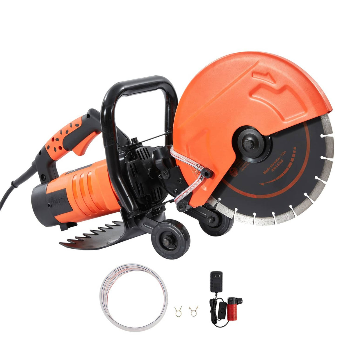 12-inch electric concrete wet/dry saw with water pump and diamond blade, orange/black