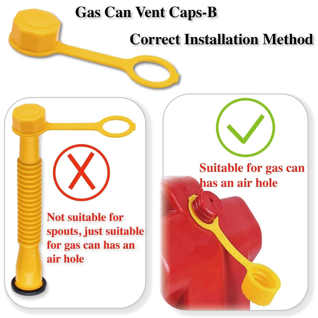 Yellow gas can vent cap with spout tube and sealing ring, shown for correct installation