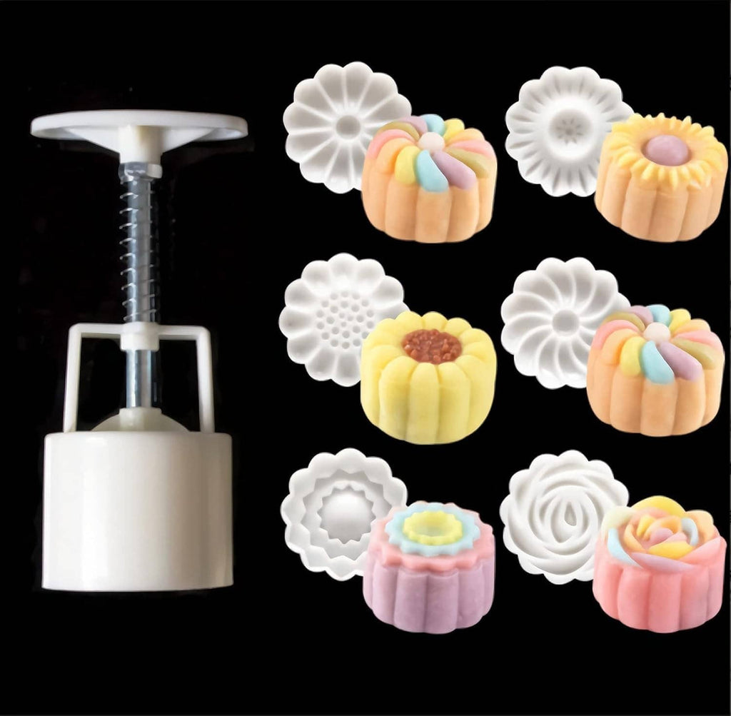 Hand-press moon cake mould set: white press tool plus 9 pastel flower-style moulds
