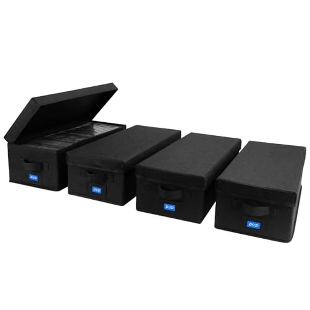 Set of four black fabric DVD storage boxes with hinged lids and label panels