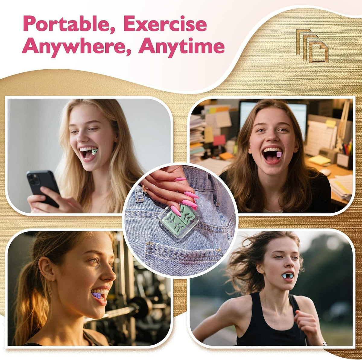 Portable silicone jaw exerciser kit with multi-color chewing blocks for anywhere use