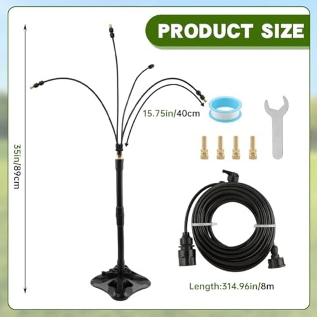 Standing misting system size diagram with pole, fittings, and 8m hose coil