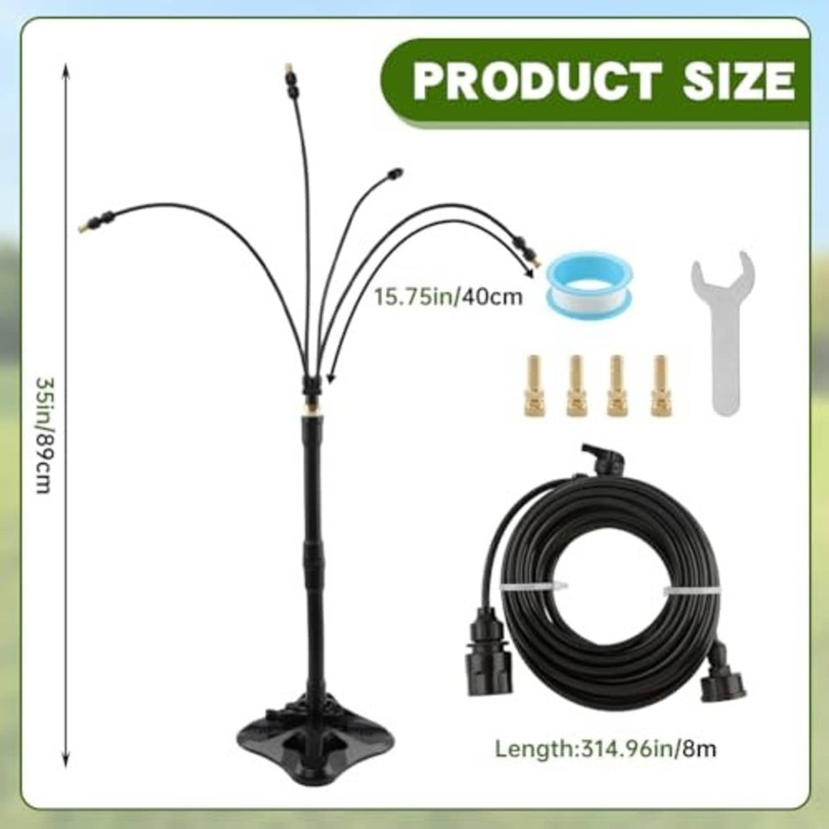 Standing misting system size diagram with pole, fittings, and 8m hose coil