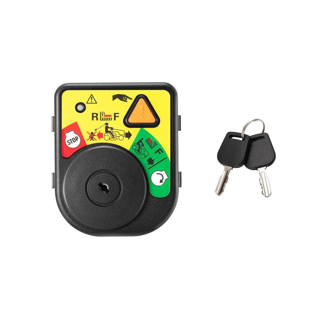 Ignition module switch with key, black housing and multicolor warning decal panel