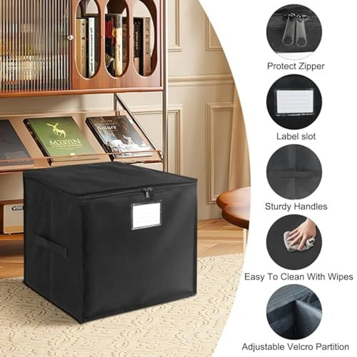 Black vinyl record storage box with protected zipper, label slot, and sturdy handles