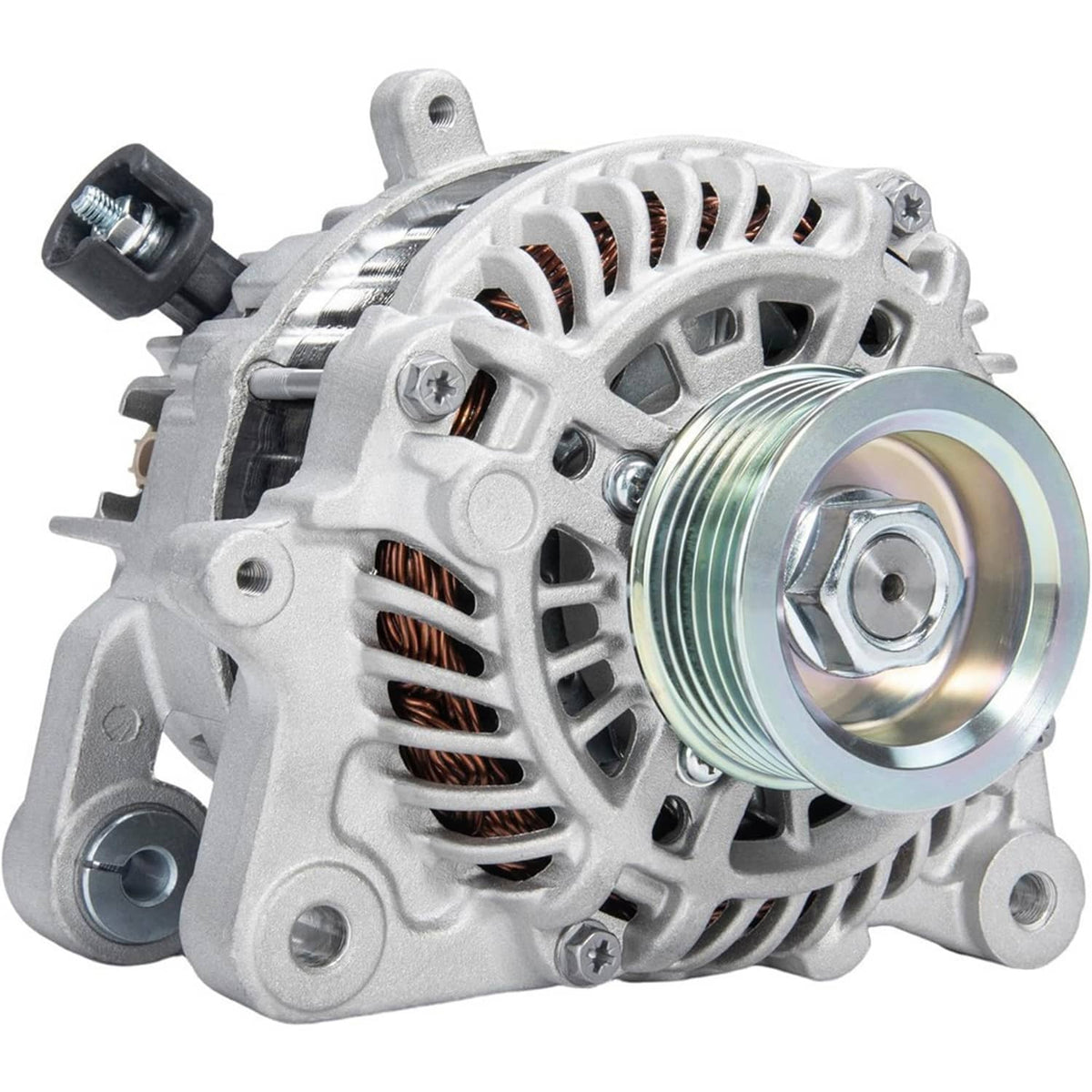 12V 95A alternator with vented front grill and silver pulley, close-up angle