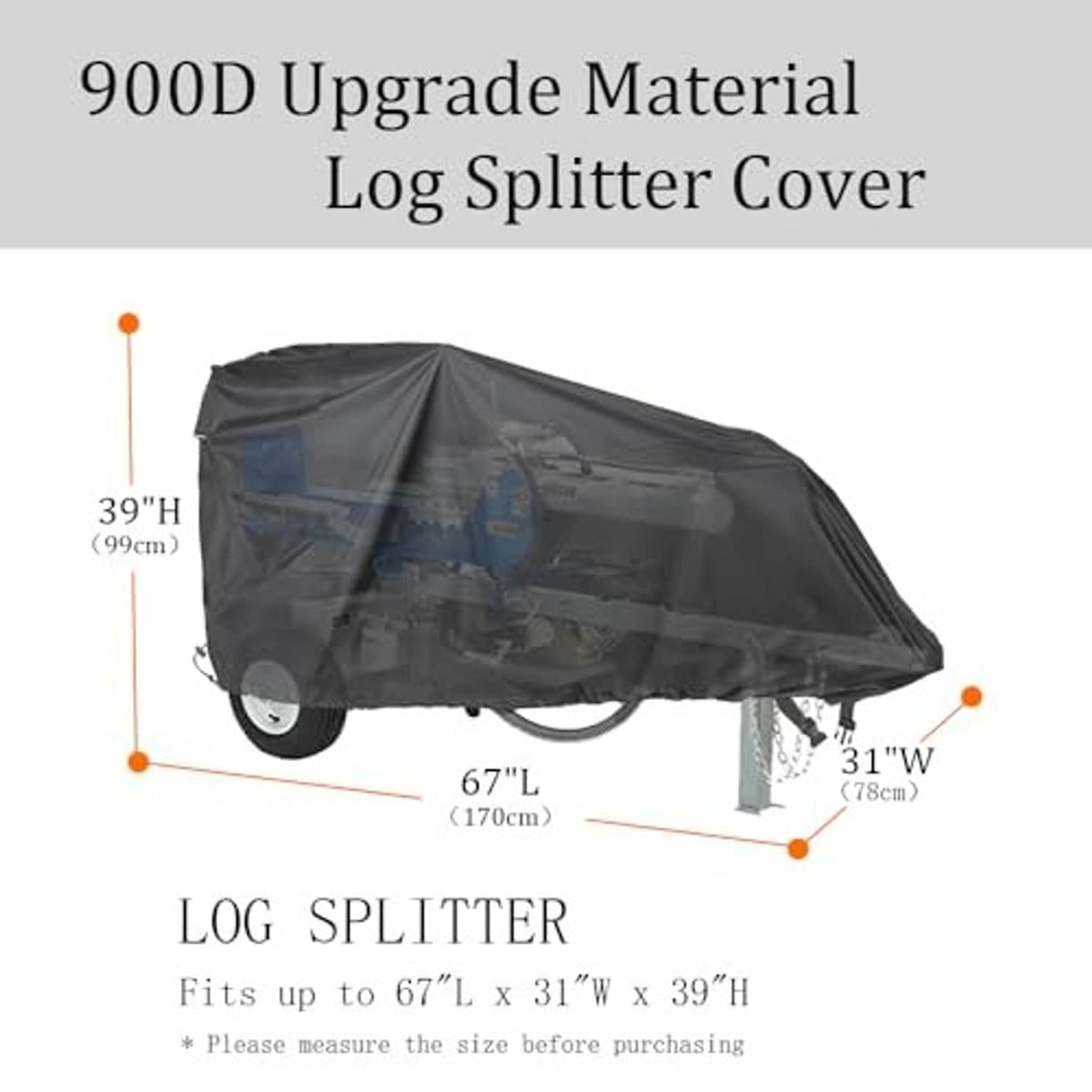Black fitted log splitter cover with tailored top and open side for machine access