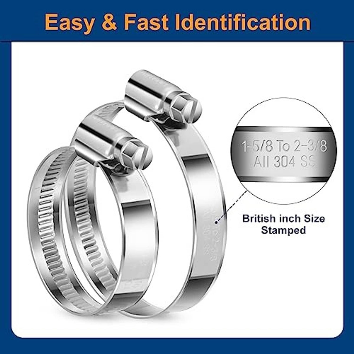 Stamped stainless worm gear hose clamps with size marking for 1-5/8 to 2-3/8