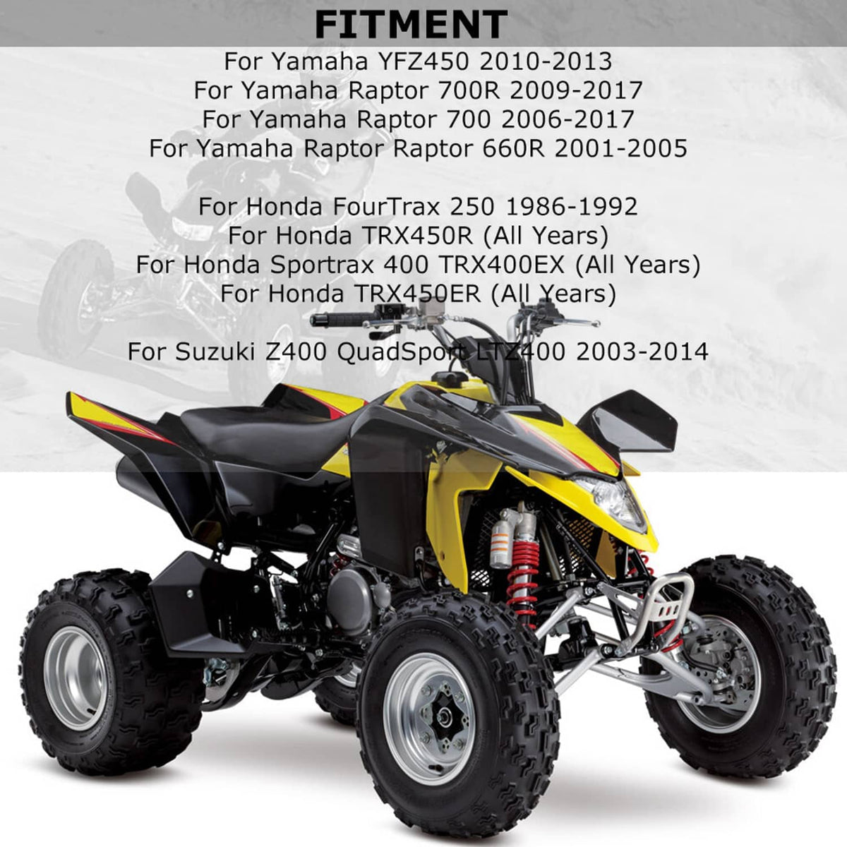 ATV front shock absorbers installed, red coil springs with silver bodies