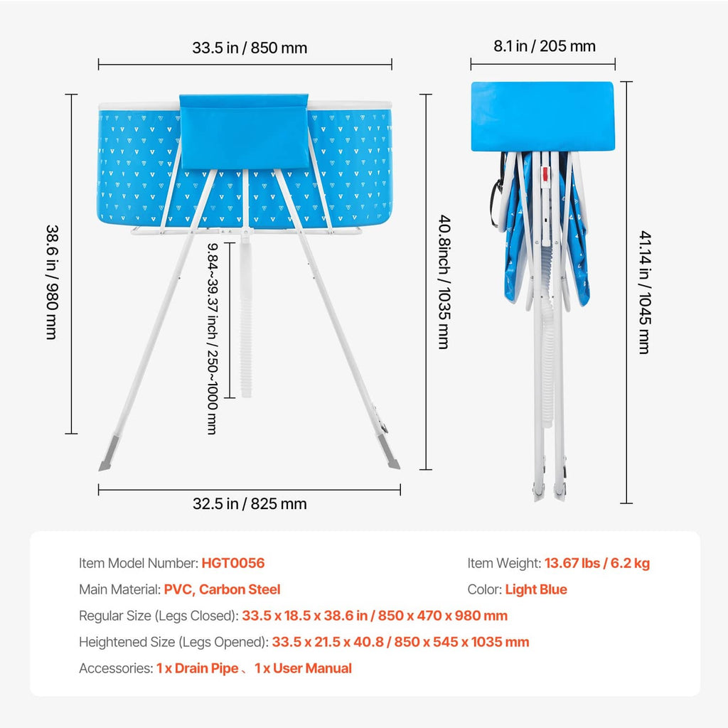 Blue elevated dog bathtub stand with white legs in open and folded views