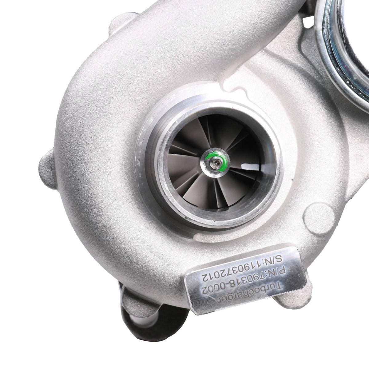 Turbocharger compressor wheel with silver housing and green inlet o-ring
