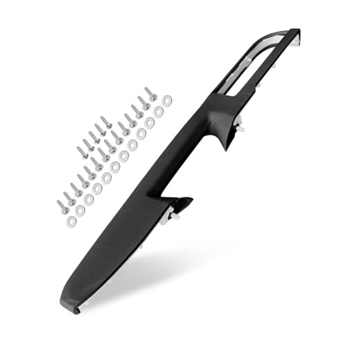 Black front door armrest with bracket and screws, angled passenger-side view