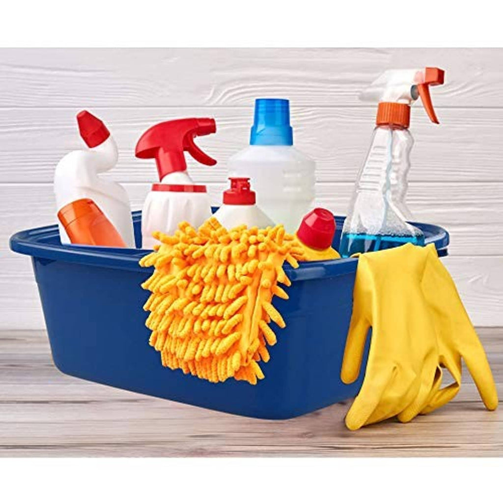 Blue plastic washing basin with cleaning tools and mop head on it