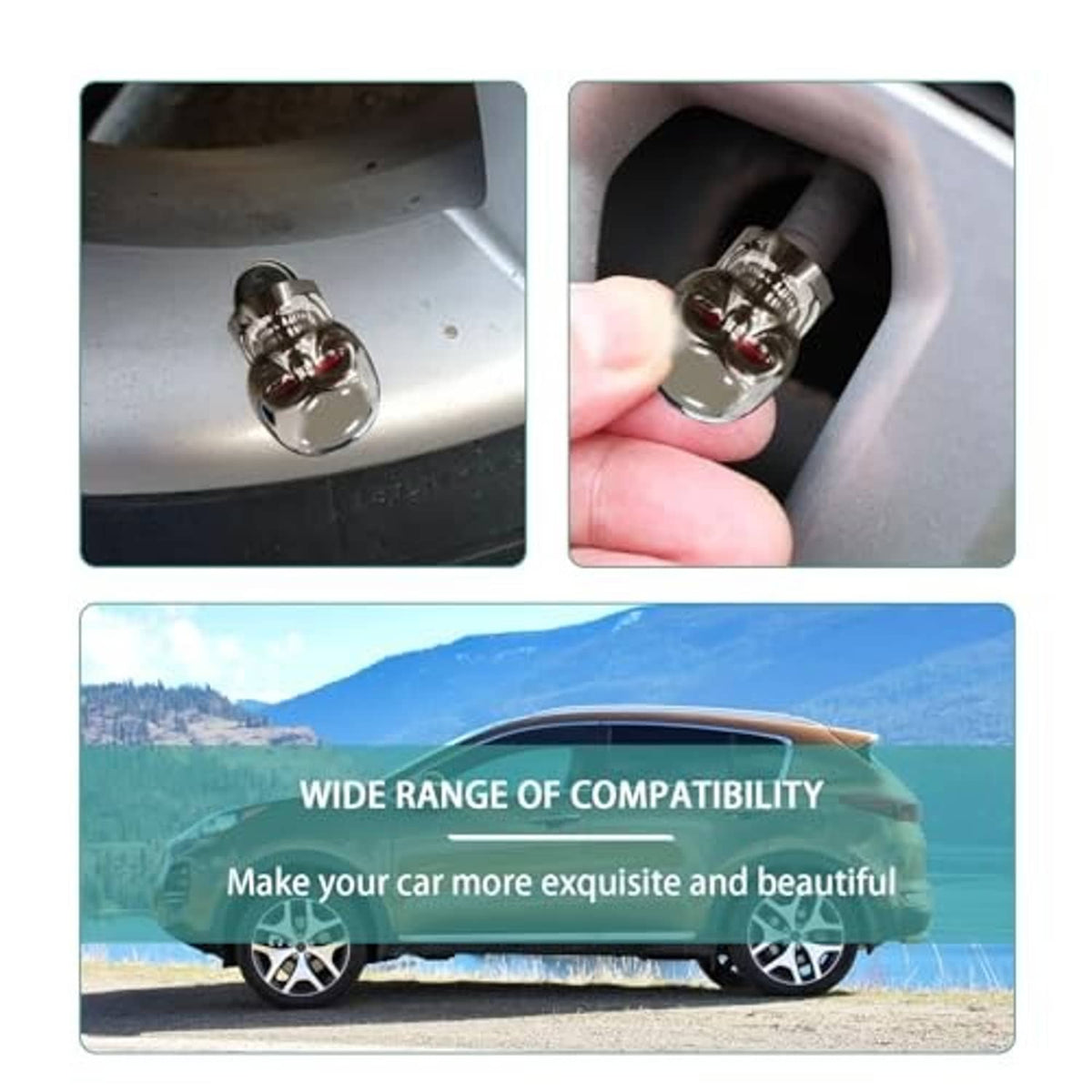 Chrome skull tire valve stem cap with red eyes shown installed on wheel rim