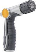 Adjustable garden hose nozzle with yellow dial, gray handle, and thumb control lever