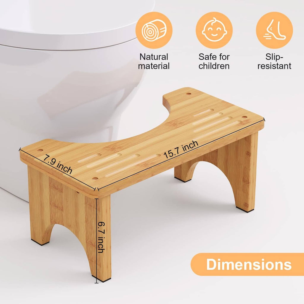 Natural bamboo toilet squat stool with size measurements on the slatted top