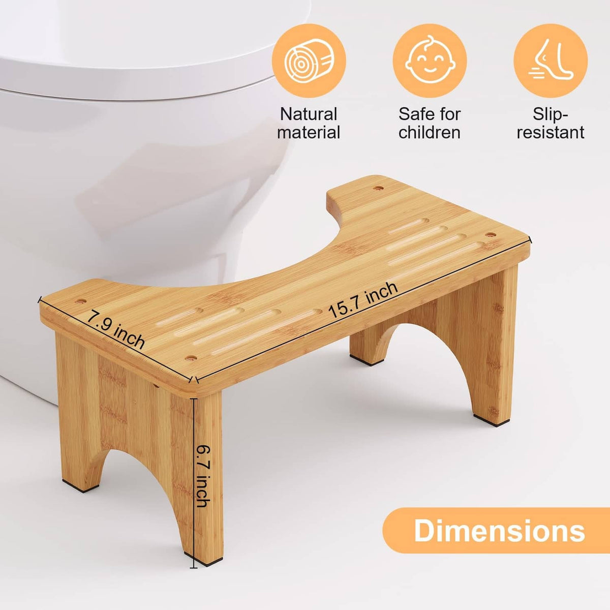 Natural bamboo toilet squat stool with size measurements on the slatted top
