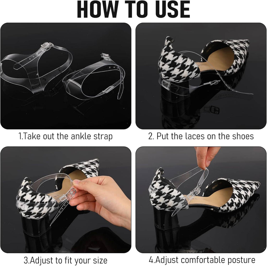 Hands attaching a clear adjustable ankle strap to a high-heel shoe with buckle