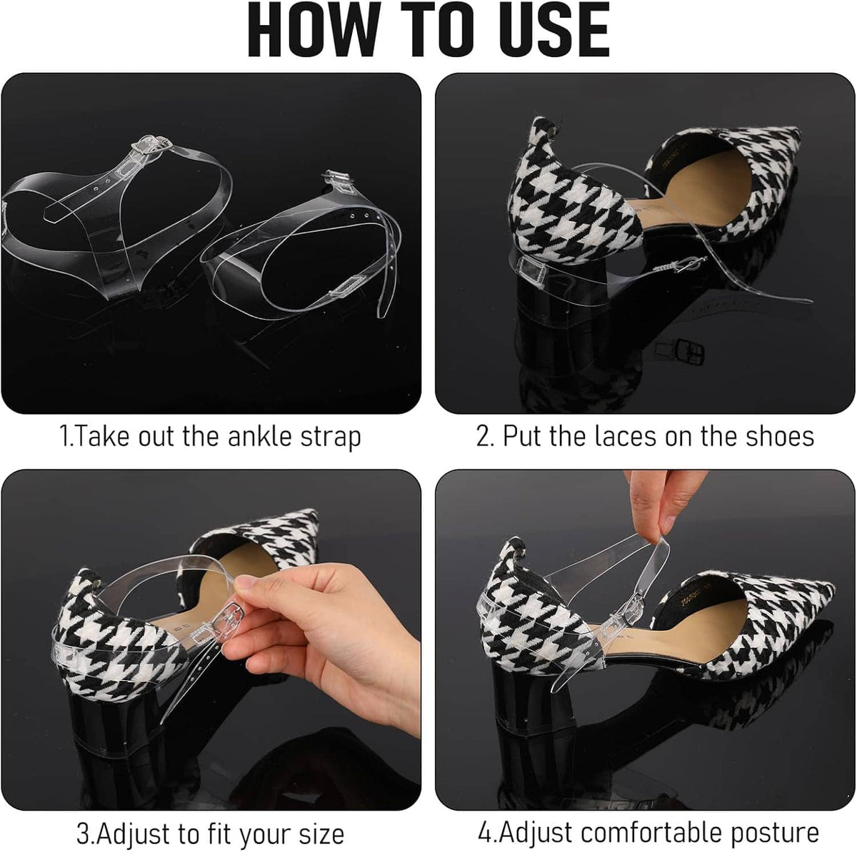 Hands attaching a clear adjustable ankle strap to a high-heel shoe with buckle