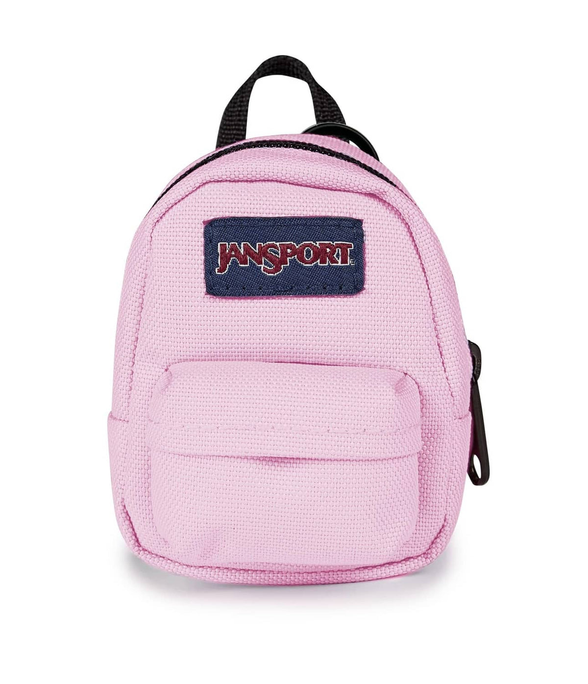 Pink mini backpack with JanSport logo, front zip pocket and top handle