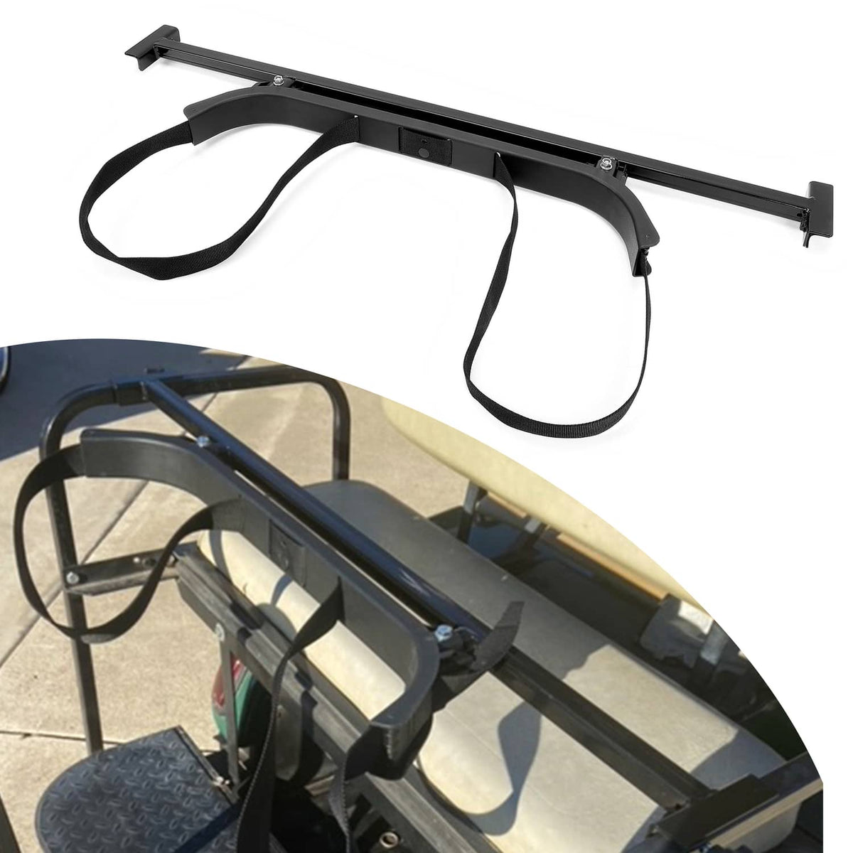 Black bag holder bracket with two loop straps mounted on a golf cart frame