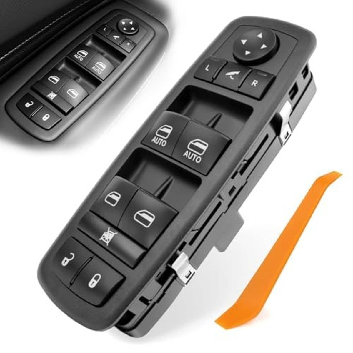 Black power window switch panel with rocker buttons and exposed mounting/connector pins